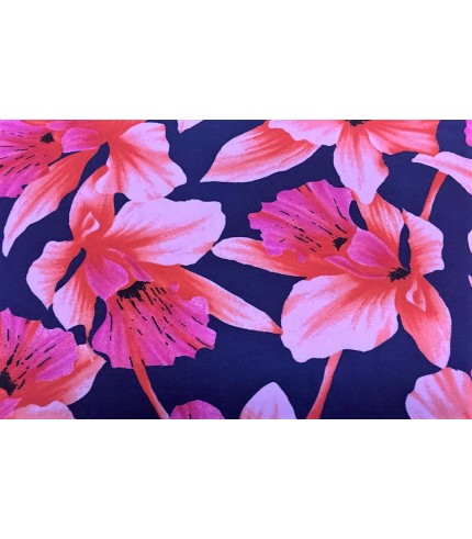 Nylon Spandex Lycra Peach/Pink Floral Print on Navy