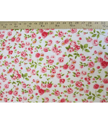 100% Linen Pink Rose Print on White