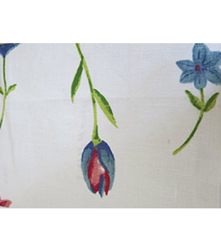 100% Linen Red and Blue Flower Print on White