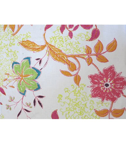 100% Linen Multi-Color Floral Print on White